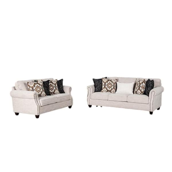 Serra 67 in. Rolled Arm Polyester Rectangle Shape with 9 Accent Pillow Sofa in. Greige and Black (Set of 2)