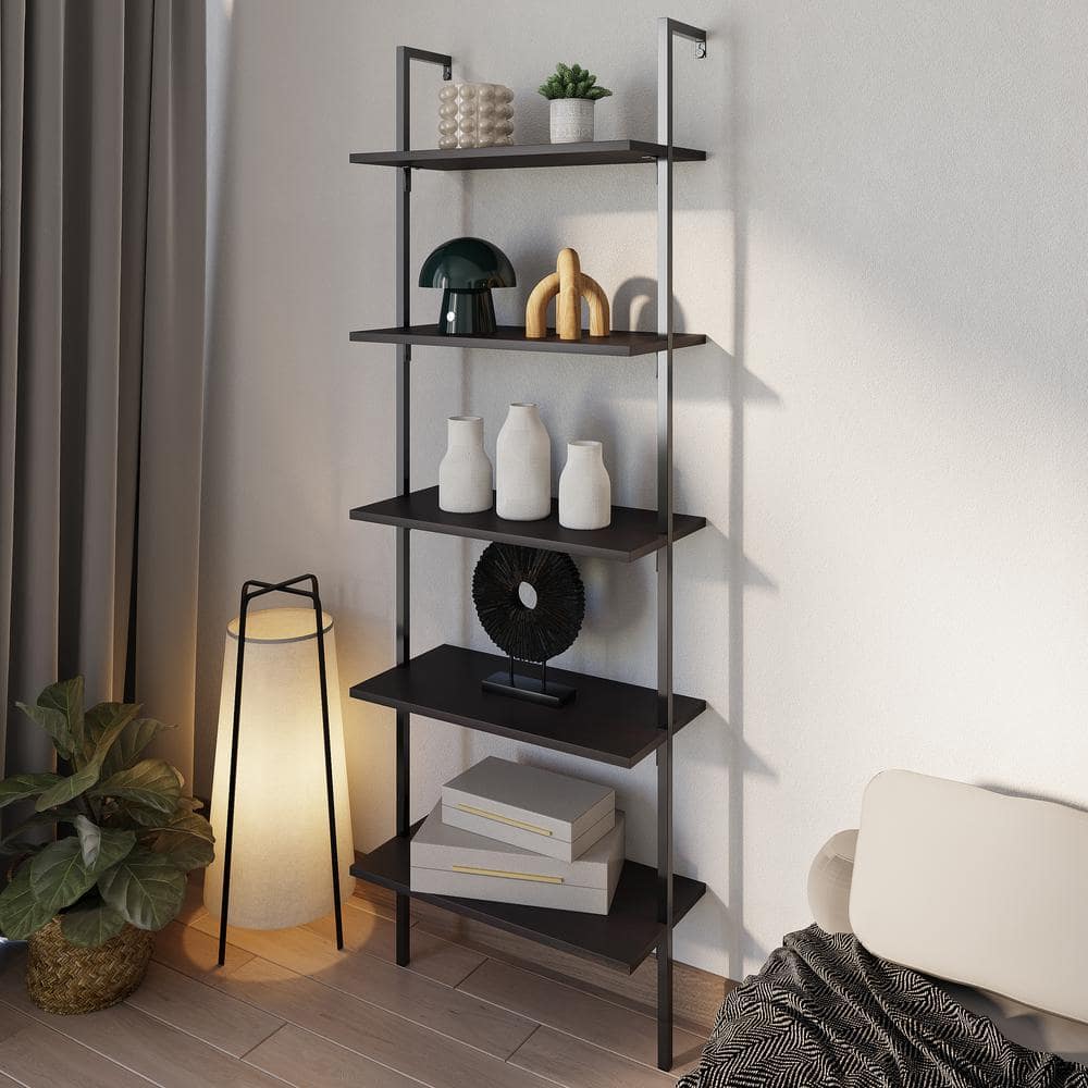 Madera Tall Black Wood and Metal Ladder Bookcase with 5 Shelves