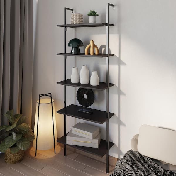 happimess Madera 72.05 in. Tall Classic Industrial 5-Shelf Wood Wall-Mounted Open Ladder Bookcase with Metal Frame, Black