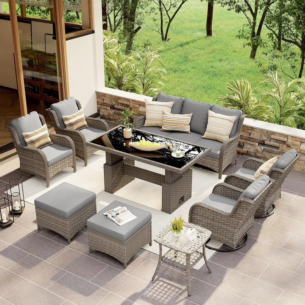 9-Piece Grey Wicker Outdoor Conversation Set with Lift Table, Swivel Rockin