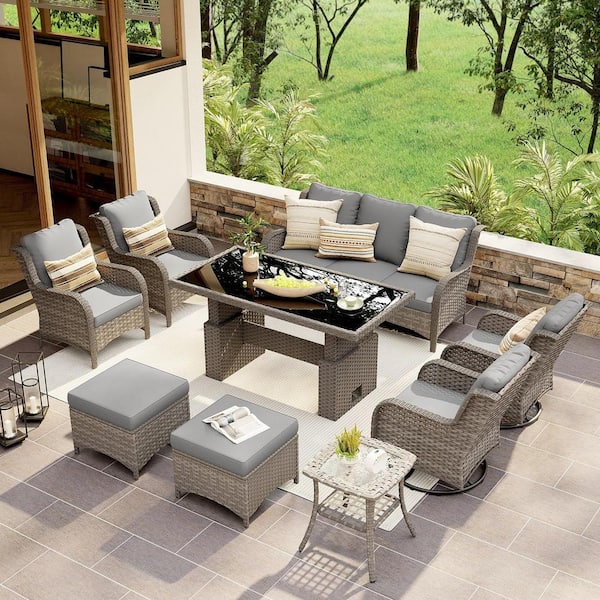 Freestyle 9-Piece Grey Wicker Outdoor Conversation Set with Lift Table, Swivel Rocking Chairs, Grey Cushions