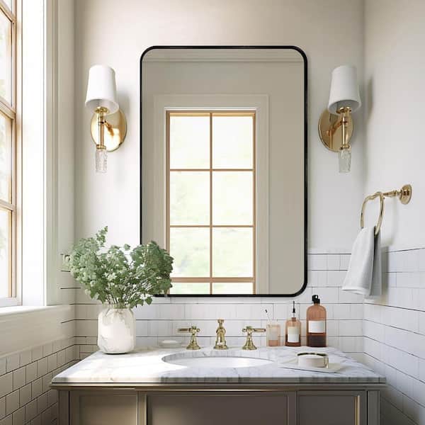 LuxHomez 24 in. W x 36. 2 in. H Rectangular Aluminum Frame Square Black Wall Mirror