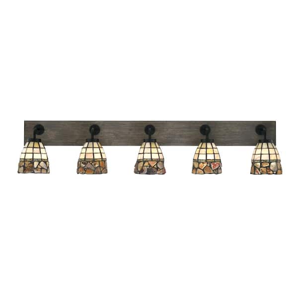 Kirby 46.5 in. 5 Light Black and Painted Distressed Wood-look Vanity Light with 7 in. Art Glass Shades No Bulbs Included