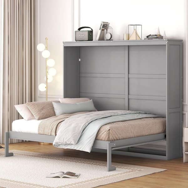 Gray Wood Frame Queen Size Murphy Bed, Wall Bed Folded into a Cabinet