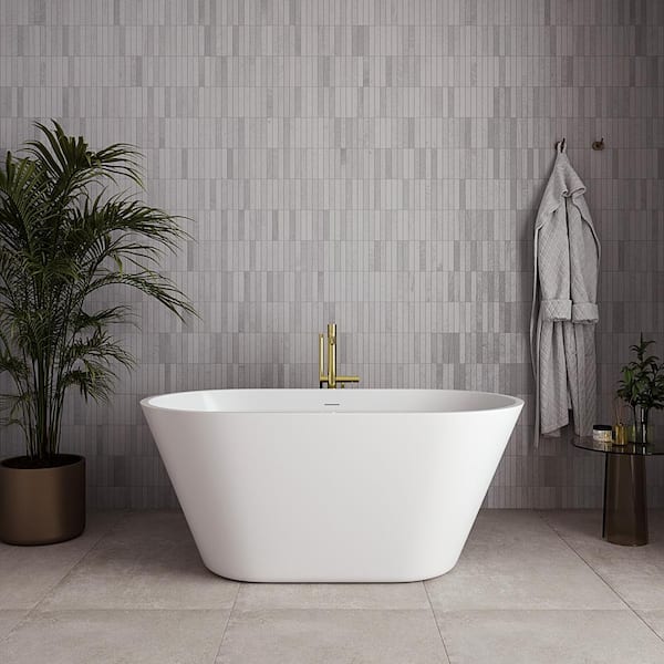 54 in. x 30 in. Acrylic Freestanding Soaking Bathtub in Glossy White with Polished Brass Drain