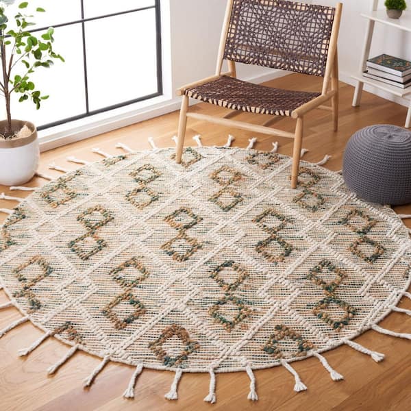 Natura 6 ft. x 6 ft. Ivory/Emerald Diamond Monochrome Round Area Rug