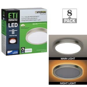 7.5 in. Brushed Nickel Round Color Selectable CCT LED Flush Mount with Night Light Feature Ceiling Light (8-Pack)