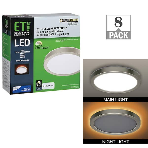 ETI LIGHTING 7.5 in. Brushed Nickel Round LED Flush Mount Ceiling Light Night Light Feature 800 Lumens 12W Adjustable CCT (8-Pack)