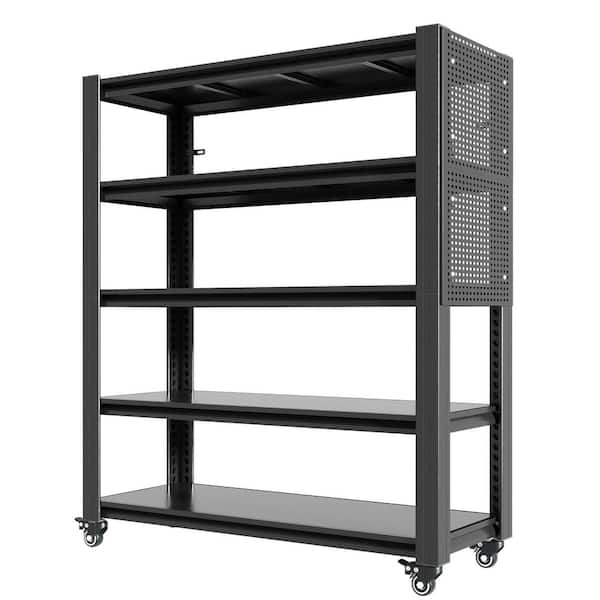5-Tier Metal Heavy Duty Garage Storage Shelving Unit in Black with Pegboard and Wheel (48.2 in. W x 78 in. H x 18 in. D)