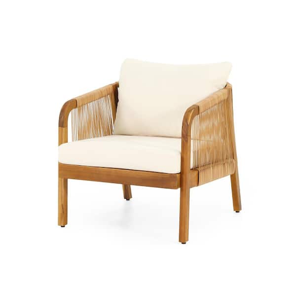 Judland Teak Wood and Wicker Outdoor Patio Lounge Chair with Beige Cushion
