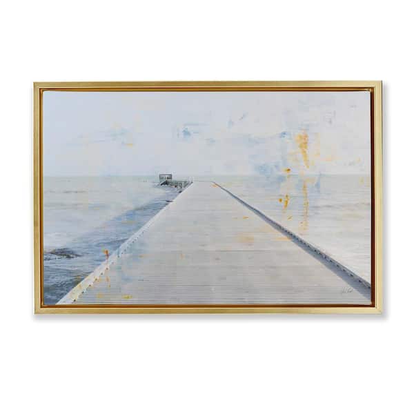 Stupell Industries Pier View Distressed Accents by Deborah Revell Gold Floater Frame Nature Graphic Art Print 21 in. x 31 in.