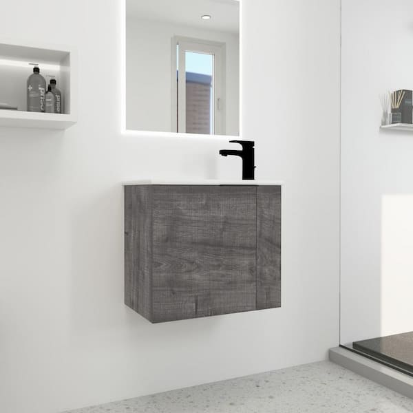 Anky 22 in. W x 13 in. D x 19.7 in. H Single Sink Bath Vanity in Plaid Grey Oak with White Ceramic Top