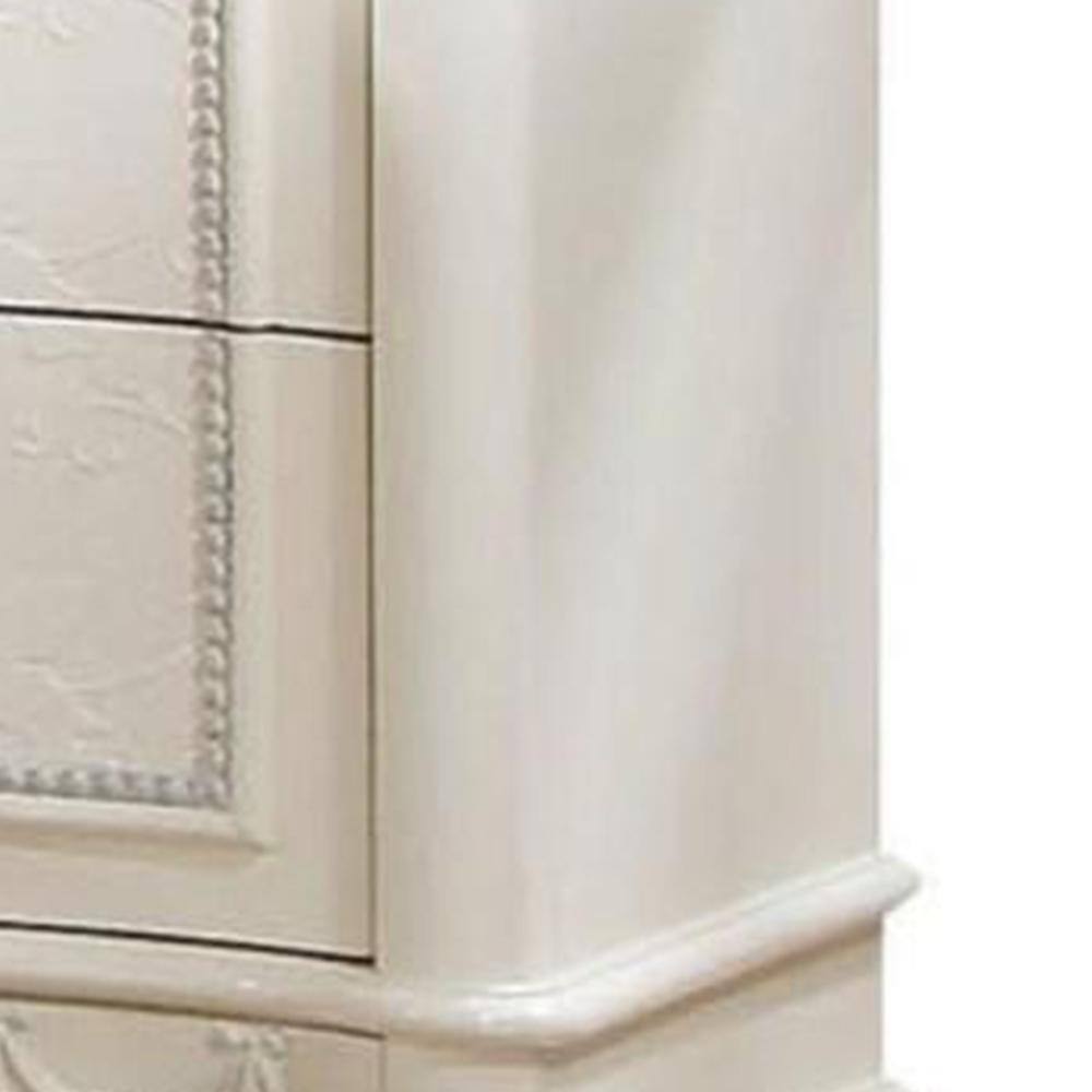 Ivory Pine Wood Nightstand with 2 Drawers and Floral Details