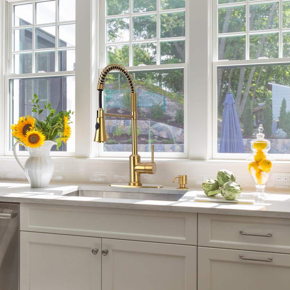 Brass Gold Single Handle Pull-Down Kitchen Faucet with Spray