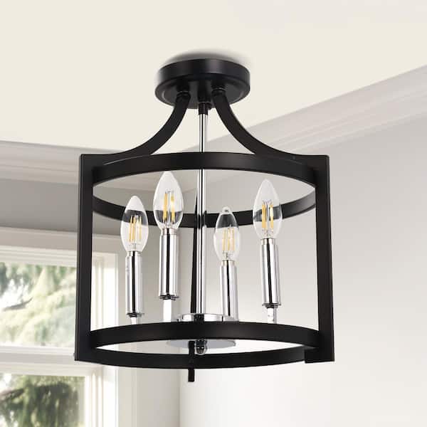 Briignite 4-Light Black and Chrome Convertible Cage Pendant Light, Modern Semi-Flush Mount Ceiling Fixture for Living Room