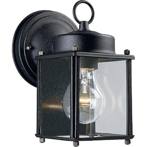 1-Light Textured Black Clear Flat Glass Traditional Outdoor Wall Lantern Light