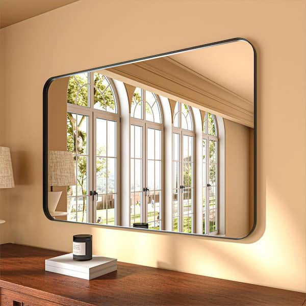 ORGANNICE 48 in. W x 32 in. H Rectangular Aluminum Framed Modern Black Rounded Wall Mirror
