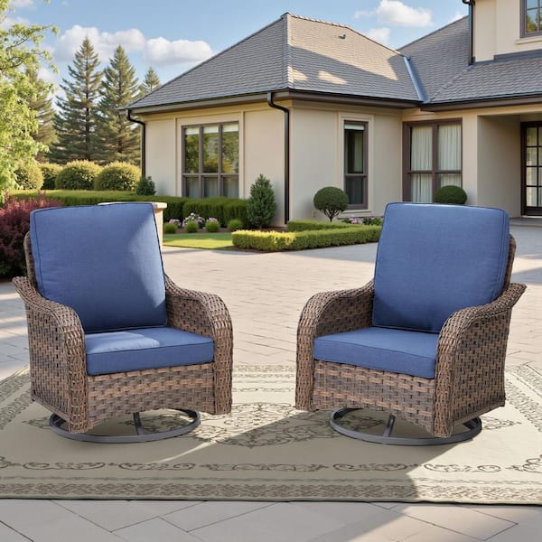2-Piece Patio Wicker Outdoor Outdoor Rocking Chair with 360° Arbitrary Rotation, Blue Cushions