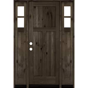 60 in. x 96 in. Knotty Alder 3 Panel Right-Hand/Inswing Clear Glass Black Stain Wood Prehung Front Door with Sidelites