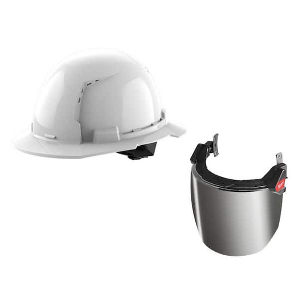 BOLT Mirrored Dual Coat Lens Full Face Shield with BOLT White Type 1 Class C Full Brim Vented Hard Hat
