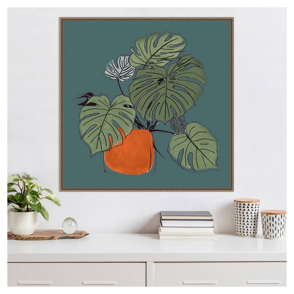 Teal and Orange Retro Potted Plant Canvas Art with Bronze Frame