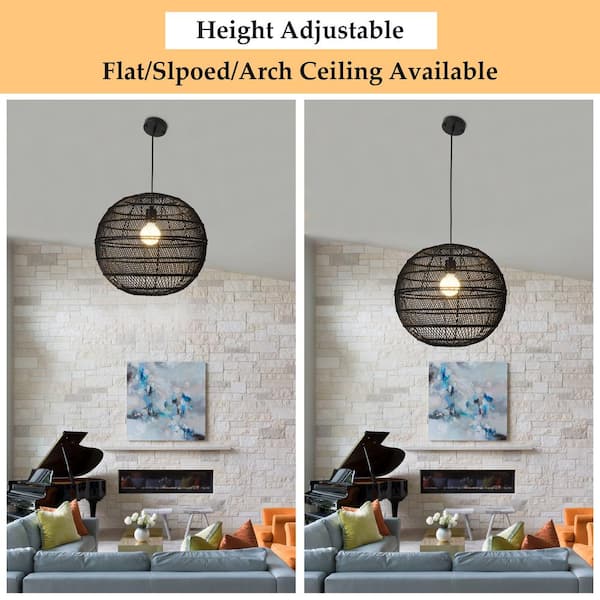 LWYTJO 1-Light Black Globe Pendant Light with Rattan Shade