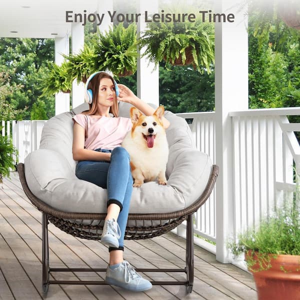 HOMEFUN Deluxe Oversized Wicker Rattan Padded Steel Frame Outdoor