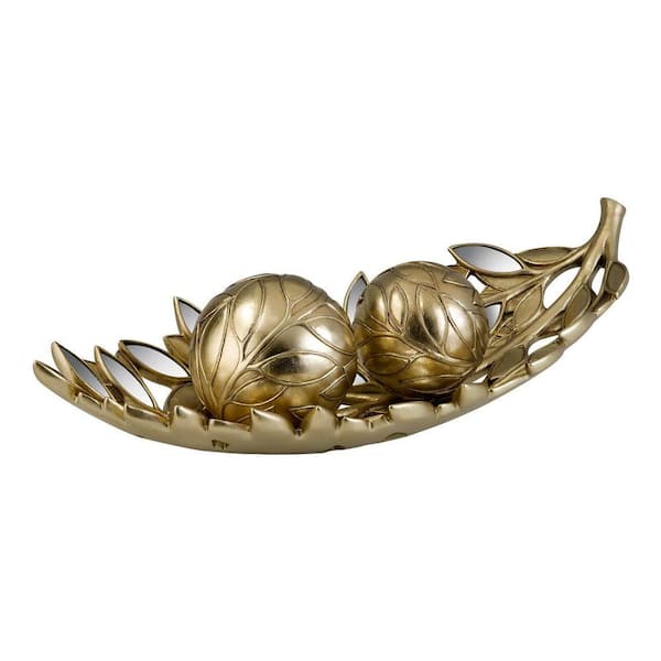 ORE International 8.25 in. x 5 in. Gaia Golden Decorative Bowl Leaf with Spheres in Gold