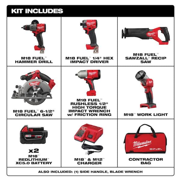 M18 FUEL 18V Lith-Ion Brushless Cordless Combo Kit (5-Tool) w/ Two 5.0 Ah Batteries, 1 Charger and 1/2 in. Impact Wrench