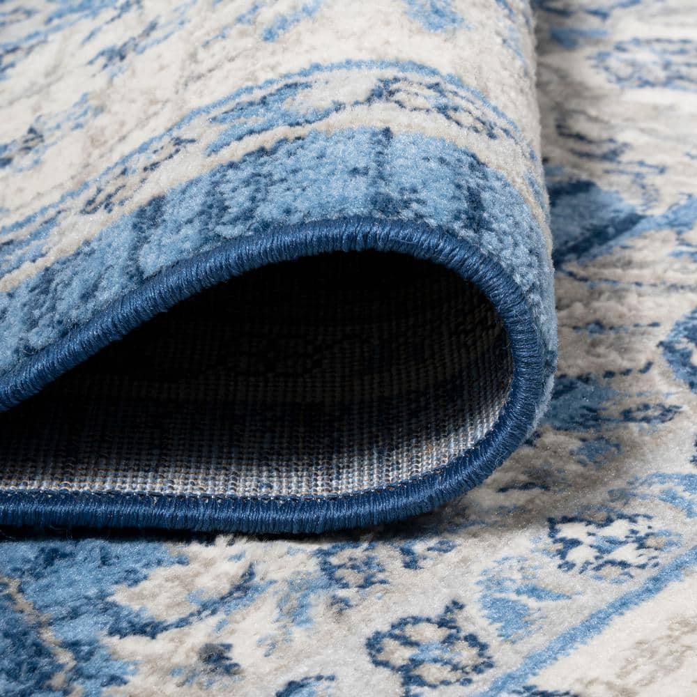 Blue and Ivory Floral Synthetic Runner Rug