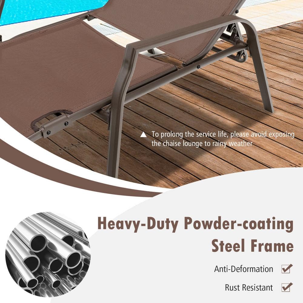 Brown Steel Adjustable Outdoor Chaise Lounge Set with Arms