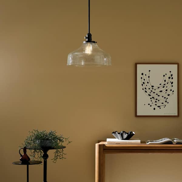 Avery 14.5 in. 1-Light Black Vintage Industrial Shaded Bell Kitchen Hanging Pendant Light with Seeded Glass