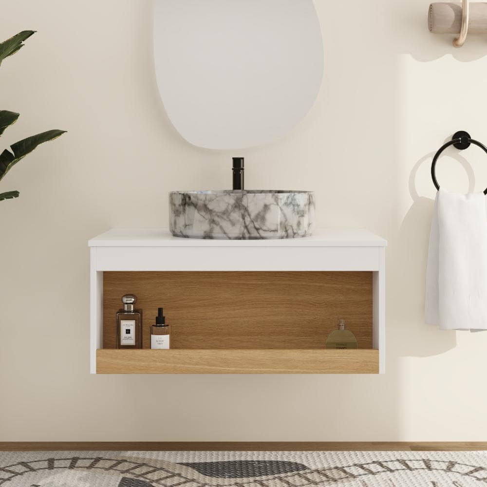 29.53 in. W x 19.69 in. D x 17.95 in. H Wall Mounted Bath Vanity in Light Oak with White/Grey Ceramic Vanity Top price history on PriceWatchPro