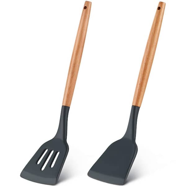 2-Piece Silicone Slotted Turner Set with Wood Handle Heat Resistant Non-Stick Spatula for Fish Cookie Eggs
