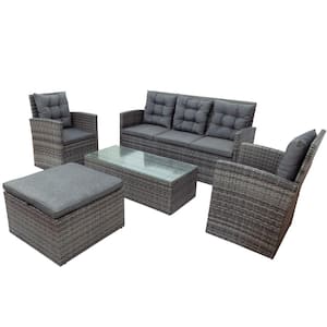 5-piece Gray PE Wicker Outdoor UV-Resistant Patio Sofa Set, Coversation Set with Glass Table, Storage Bench
