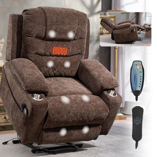 aisword Brown Extended Footrest and Extra Wide Comfort Chenille Power Lift Recliner with Armrest Storage, Massage and Heating
