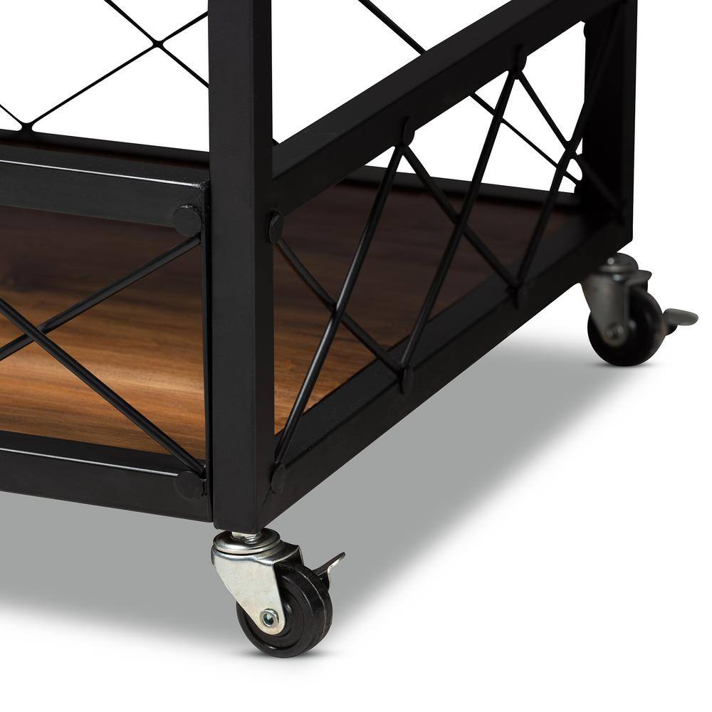 Capri Rustic Oak and Black Metal Mobile Bar Cart with Wine Storage