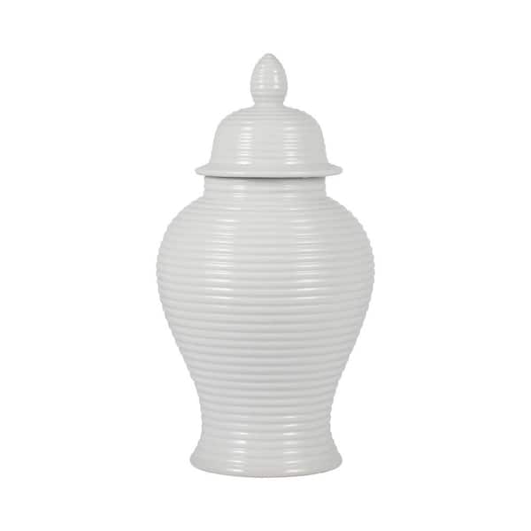 Liv & Skye 18 in. White Stoneware Cylinder Modern Ribbed Temple Decorative Vase