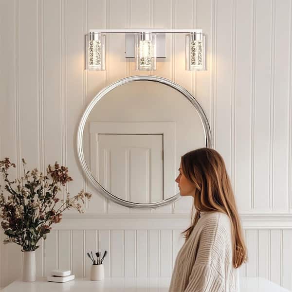 3-Light Brushed Nickel Integrated LED Bathroom Vanity Light Dimmable White/Neutral/Warm Light with Clear Glass Shade