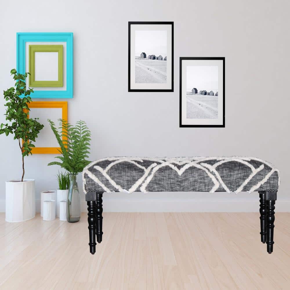 Natural Wood 47" Grey Cotton Tufted Bench