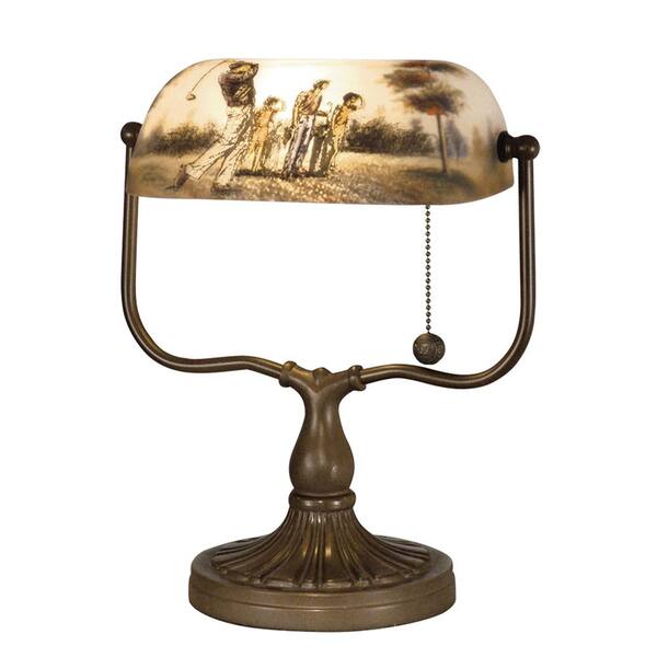 Dale Tiffany 13.25 in. Antique Bronze Golf Handale Desk Lamp with Hand Painted Glass Shade