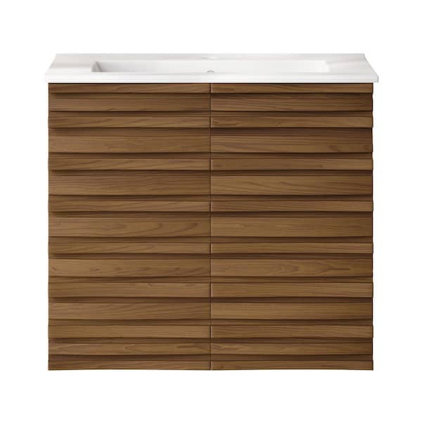 Cascade 24 in. Wall-Mounted Bath Vanity in Brown Oak with White Ceramic Sink Top