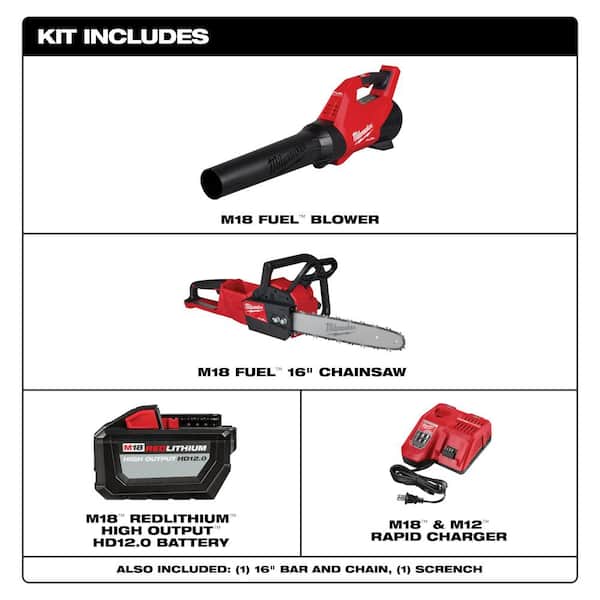Milwaukee M18 FUEL 16 in. 18-Volt Brushless Cordless Electric Chainsaw w/M18 Blower 12.0 Ah & Extra Chain Combo Kit (2-Tool)
