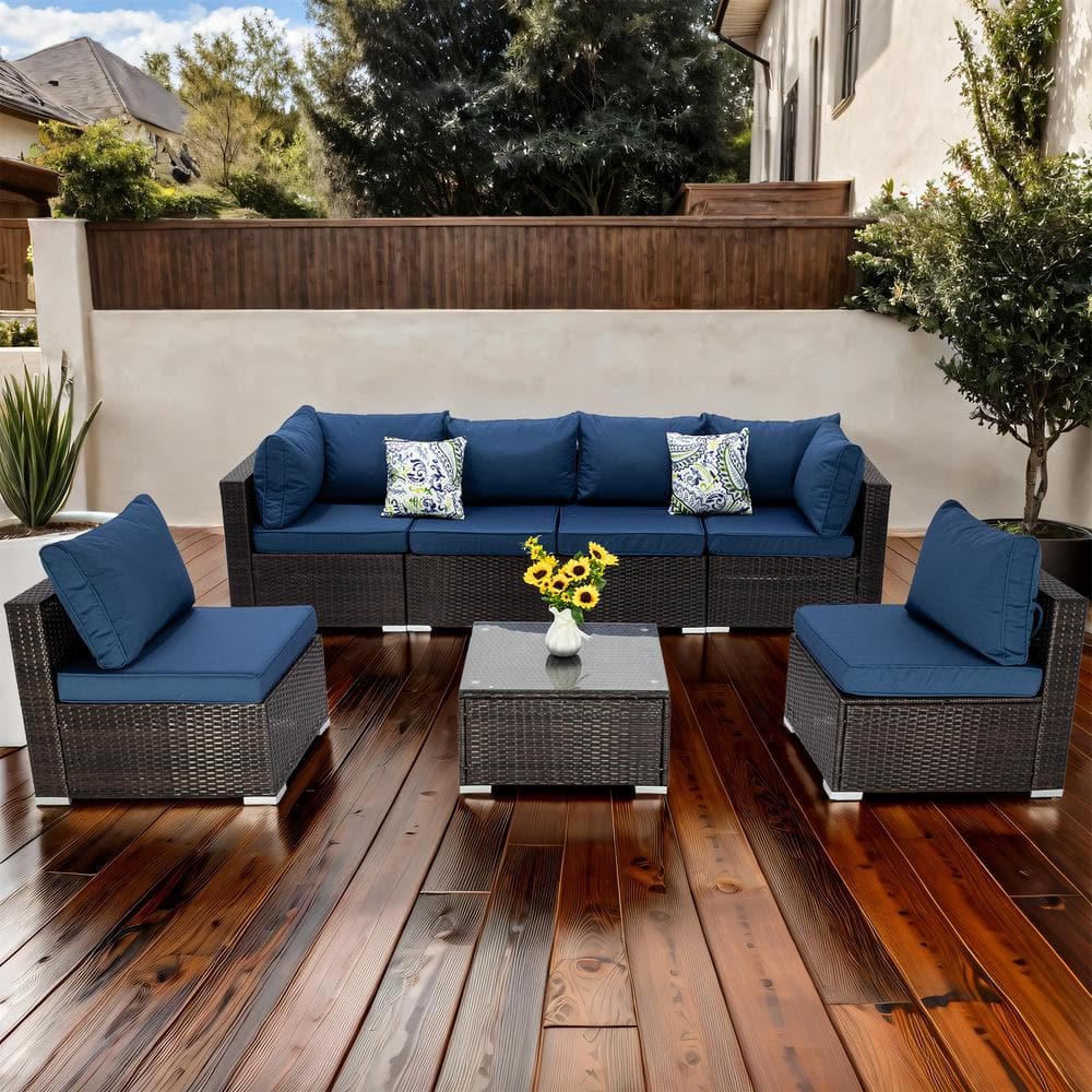 Cesicia 7-Piece Brown Wicker Outdoor Sectional Set with Peacock Blue ...