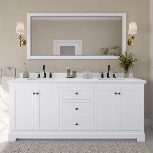 Wyndham Collection Avery 80 in. W x 22 in. D x 35 in. H Double Bath Vanity in White with White Quartz Top