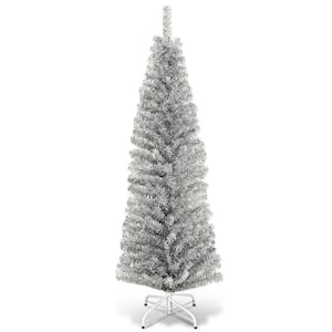 6 ft. Silver Unlit Slim Pencil Tree Tinsel Artificial Christmas Tree 520 Branch Tip