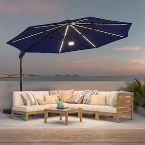11 ft. LED Outdoor Cantilever Patio Umbrella with a Base and 360° Rotation and Infinite Canopy Angle Navy Blue