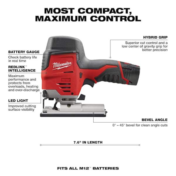 Milwaukee - M12 12V Lithium-Ion Cordless Jig Saw Kit with One 1.5 Ah Battery, Charger, Tool Bag