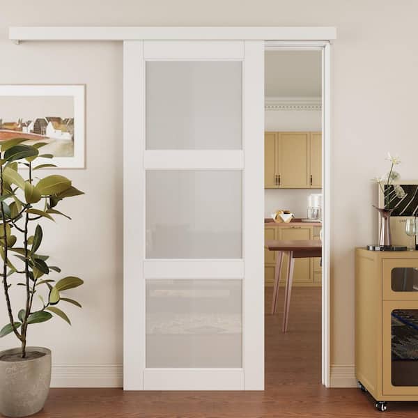 32 in. x 96 in. Hidden Track Style 3 Lite Tempered Frosted Glass White Primed MDF Sliding Barn Door with Hardware Kit