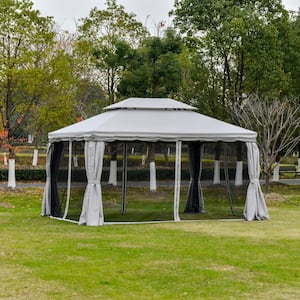 10 ft x 13 ft Light Grey Outdoor Patio Gazebo Canopy with Polyester Roof & Mesh Curtains